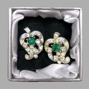 Vintage Green Rhinestone Earrings Screw Back Victorian Style Floral Leaf Silver